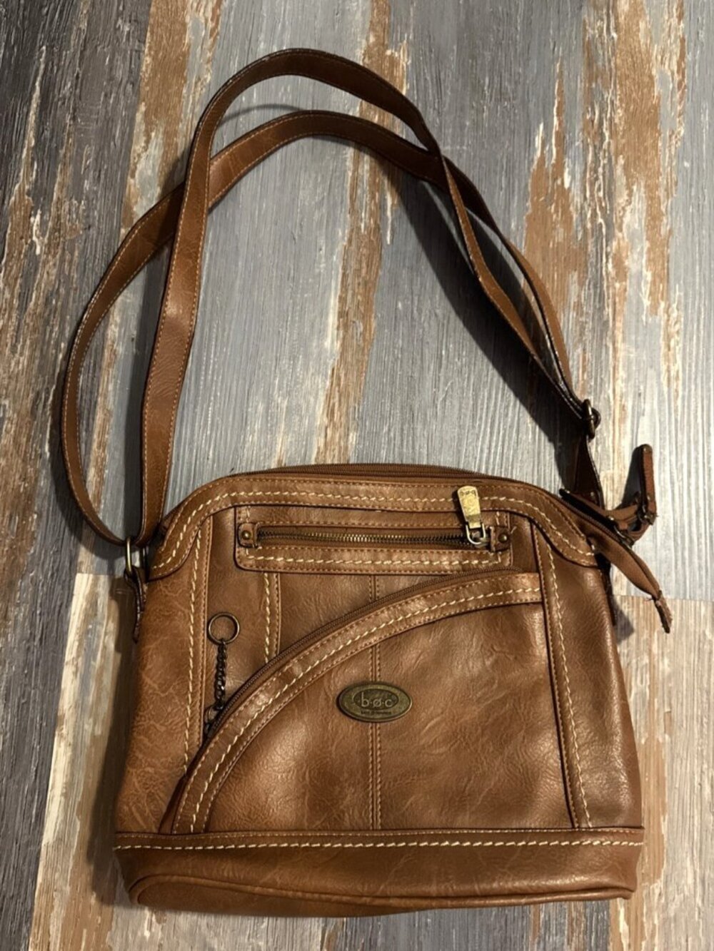 Boc Leather Crossbody Bag Purse Large Brown Adjustable Strap Double Zipper Boho